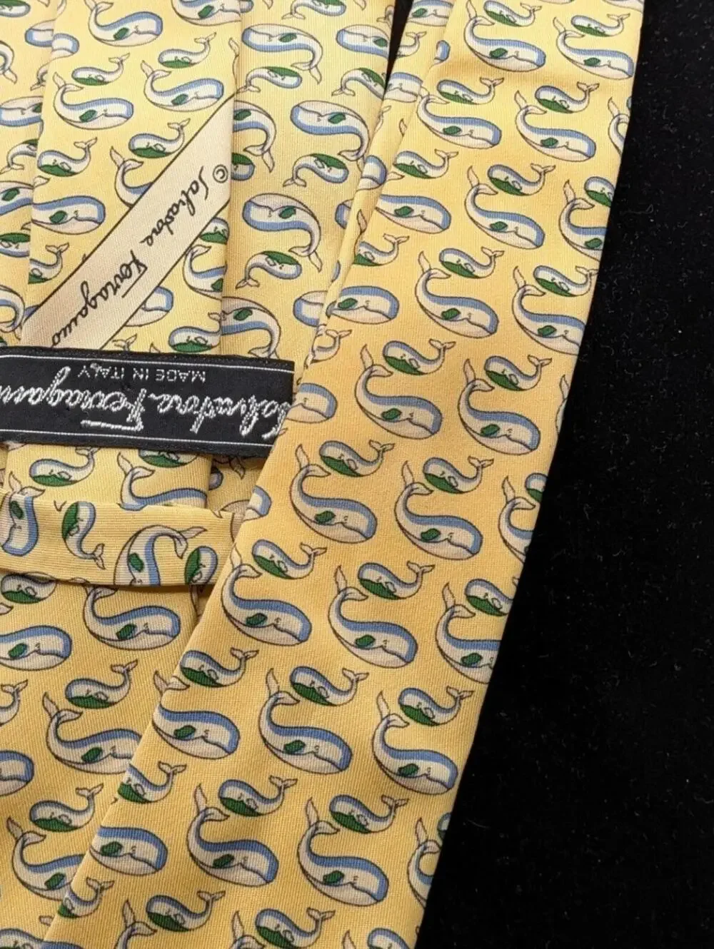 Salvatore Ferragamo $240 Yellow Blue Whale Nautical Italian Made 100% Silk Tie